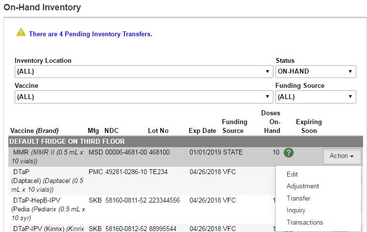 Inventory On-Hand 2 Inventory Module Vaccines link On-Hand Inventory 3 1 1. Use filters to find specific line items. 2. View pending transfers and VTrckS shipments.