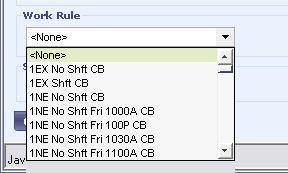 2. Click the drop down arrow in the Work Rule transfer field to see the available work rules there are a lot of work rules within Kronos; however, the employees that are affected by the change in