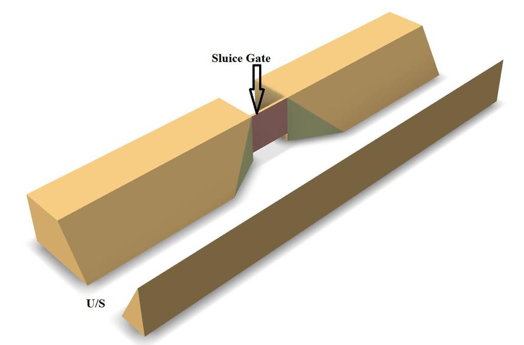 Figure 1: Plan, elevation and section of side sluice gate of 30 0 entrance angle. (All Dimensions in mm) 4. RESULTS and DISCUSSIONS Figure 2 3D Representation of the model showing Side Sluice 4.