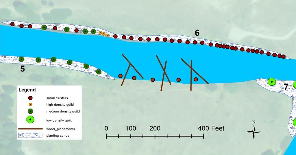 Figure 12. Zone 6: proposed guild and small cluster planting locations shown for the Carbon Bridge site.