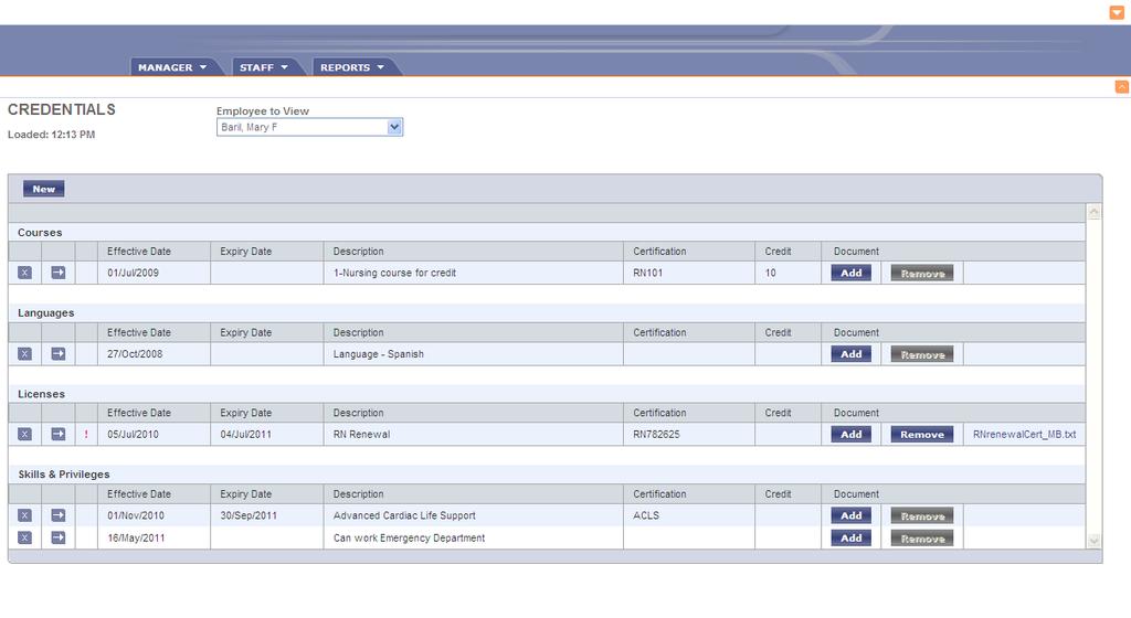 Credentials Page Managers can display employee credentials on the Credentials Page, accessed from the Staff Menu.