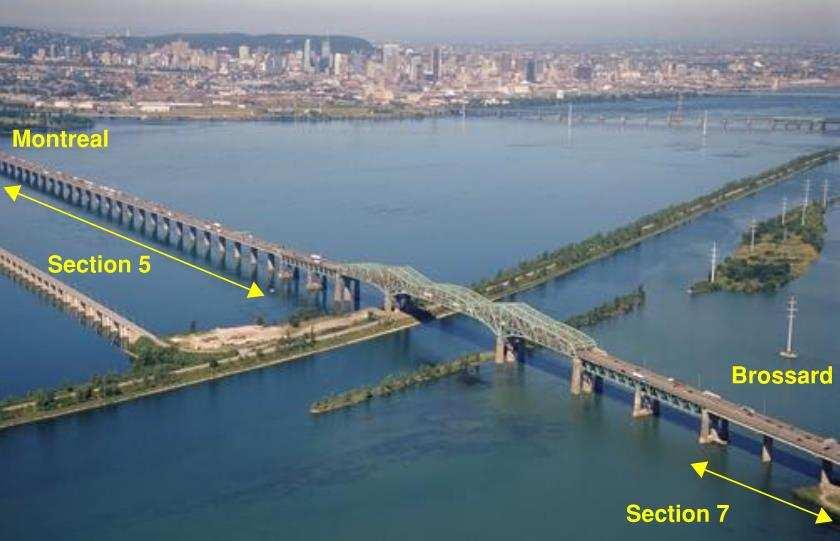 2 Description of Structure This report studies the behaviour of the approach spans in Sections 5 and 7 of the Champlain Bridge. The spans in Section 5 are analyzed since their span is the longest (53.