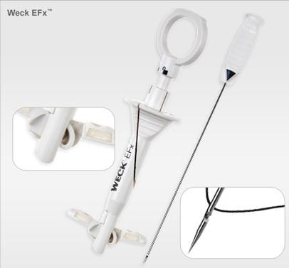 Weck EFx Endo Fascial Closure System Endo Fascial Closure System designed for: Reproducible, uniform closure across patient anatomy Minimized risk of