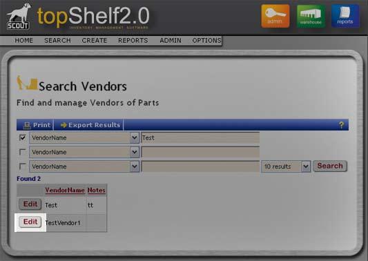 Web Interface Searching, Editing, and Deleting a Vendor ------------------------------------------ From the WAREHOUSE section, click the VENDORS button, then click SEARCH.