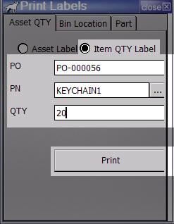 Device Interface Label Printing (Items and Assets) ------------------------------------------- To Print an Asset Label: - The Print Labels screen appears with Asset Label as the default selection 1)