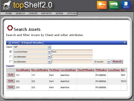 Web Interface Search Assets -------------------------------------------------------------------------------- From the WAREHOUSE section, click the ASSETS button, then click SEARCH.