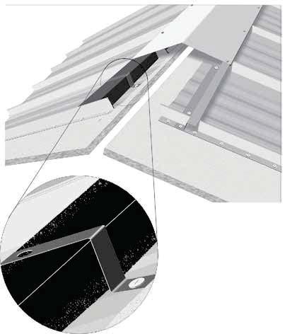 Fig. 12 3-dimentional view of ridge showing Profile Vent clips and Profile Vent installed on left, and z- closure installed on right. See opposite page for clip attachment details.