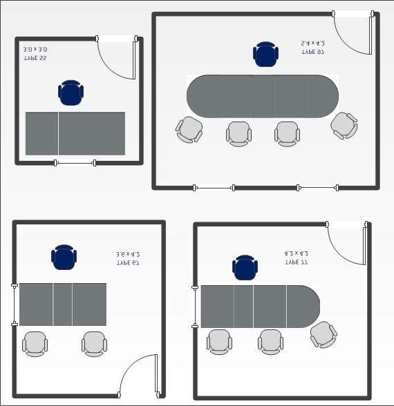 The diagrams below show typical layouts for the four standard ; the blue chair represents the equipment operator position, the grey chairs are for guests/co-presenters.