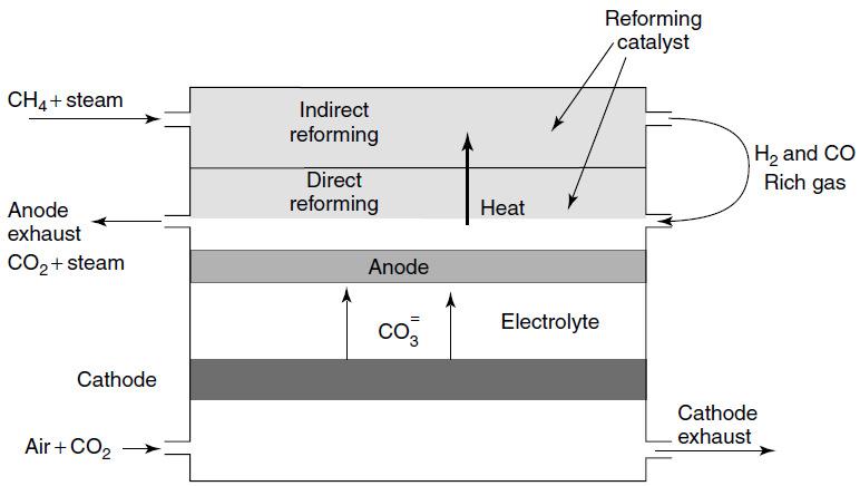 Internal Reforming Example (for MCFC) The heat required to sustain the endothermic reforming can be provided by the electrochemical reaction in the stack.