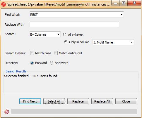 Figure 17: Selecting all REST instances in motif_instances spreadsheet (step 2) Close the dialog.