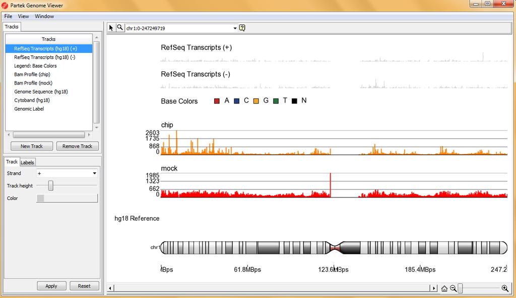 Figure 22: Viewing the sample reads on chromosome 1 To add additional tracks, select the New Track button on the left-hand side of the viewer.