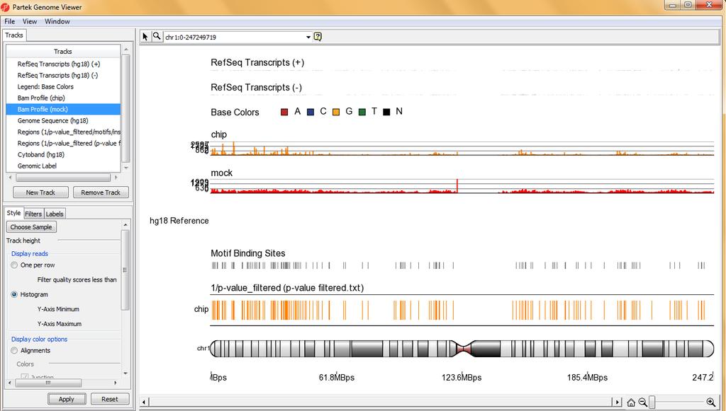 Figure 23: Adding p-value and motif binding site tracks The two resulting tracks display the detected regions at each location on the chromosome for the NRSF-enriched sample (chip) and align them to