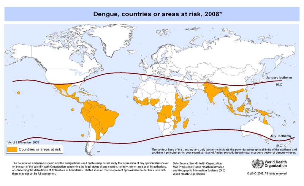 Areas with Aedes aegypti and recent epidemic dengue fever. Source : Gary G. Clark. 2006.