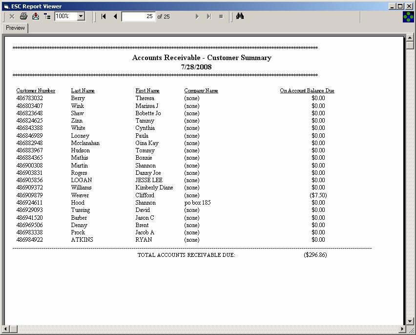 Accounts Receivable Customer Summary This report, found under Reports -> Accounts Receivable -> Customer Summary, lists your customer s balances, and totals