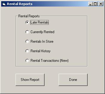 Rental Reports These reports will give you the status of various rental items in the store. Late Rentals will show items that are rented and have passed their due date.