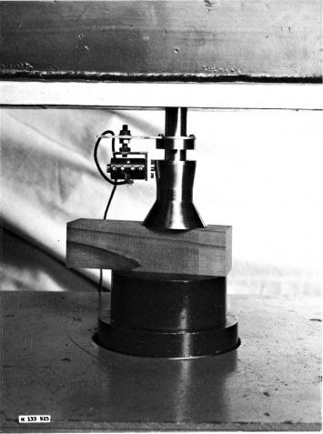 FIG. 14 Janka-Ball Hardness Tool Adapted with Cone and Microformer Unit for Direct Autographic Recording of Load-Penetration Data shear failure will be in the board proper and not in the glue lines.