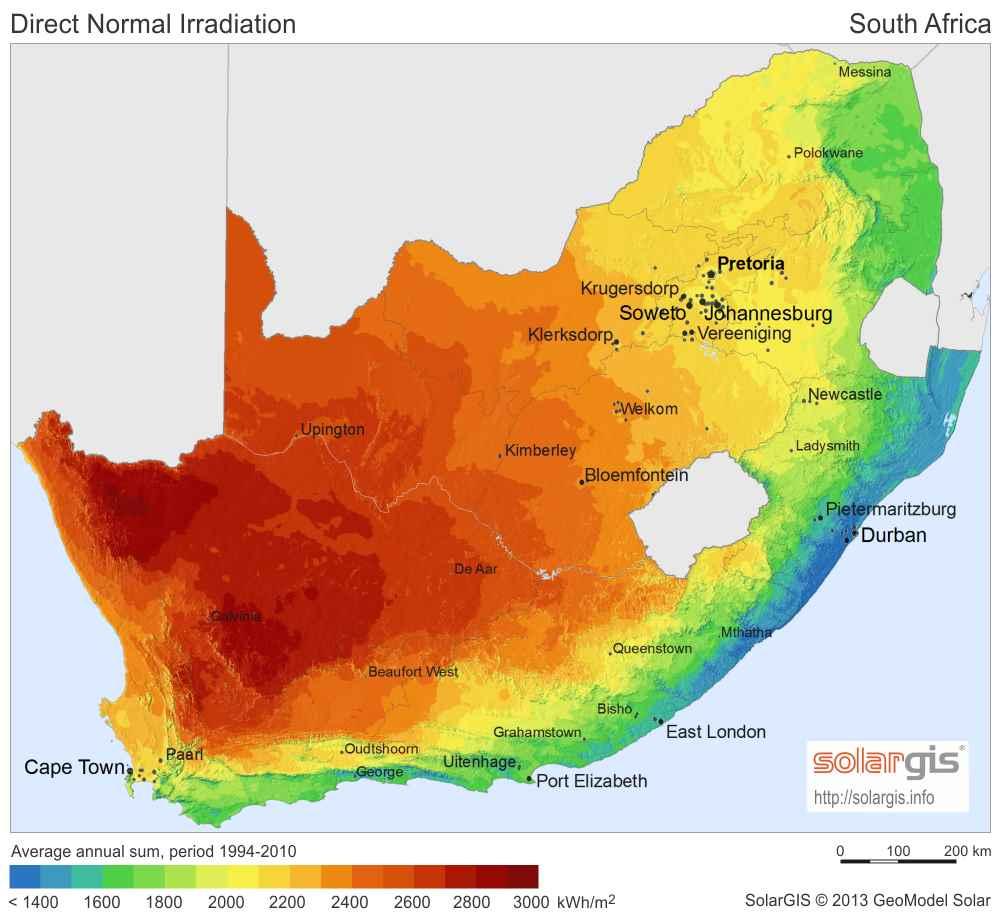 Solar Resource in South Africa annual DNI level has strong influence on LCOE DNI levels