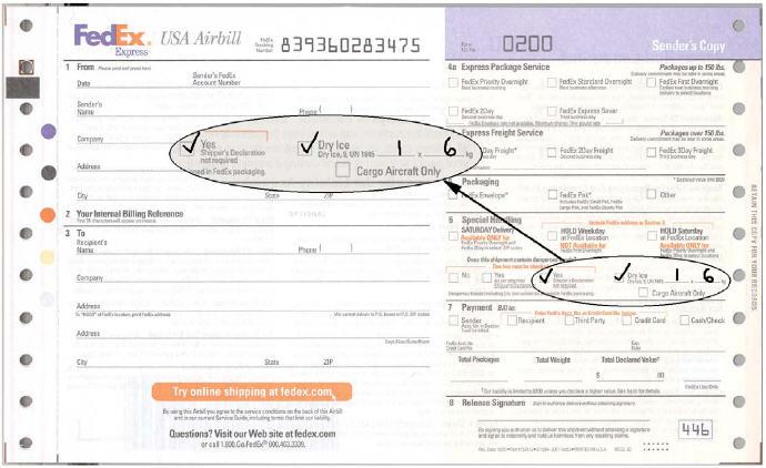 f. Figure 10.4.2.2.2A. FedEx Waybill which properly documents 1 box containing 6 kg of dry ice. Figure 10.4.2.2.2B.