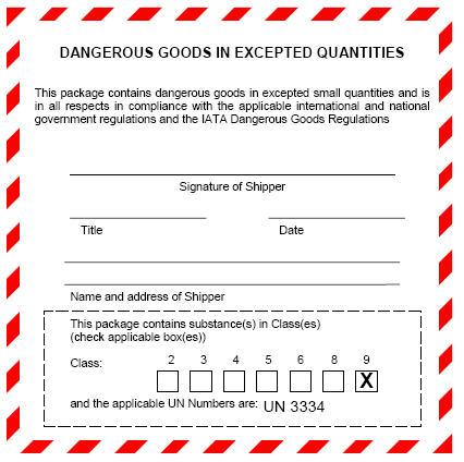 applicable UN number. The printable label may be found in Appendix K and must be printed in color. Its overall dimensions must be at least 100 mm x 100 mm (~4 in. x 4 in). b. Name and Address: The outer container must display the name and address of the shipper and consignee.