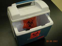 In this example, individual sample tubes are placed within a zip lock and labeled plastic bag. The transport cooler is properly labeled and contains absorbent material.