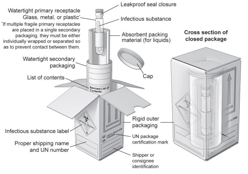 The diagram below, from the CDC/NIH Guidelines, 5 th edition, shows an example of the UN standard triple packaging system for materials known or suspected of being a Category A infectious substance
