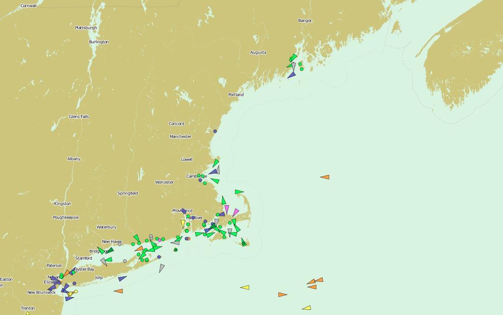 Figure 3: Snapshot of AIS reporting information for the northeast region. (Source: http://www.vesselfinder.