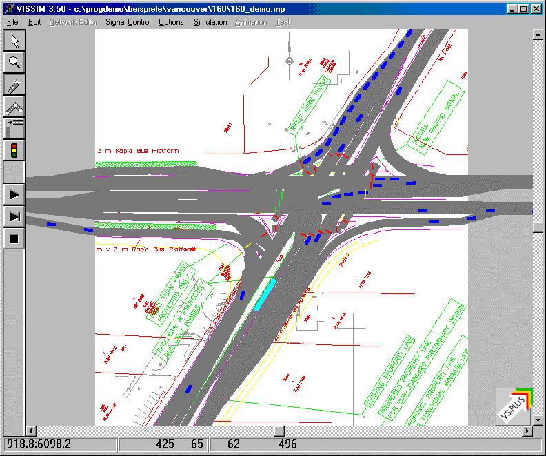 Example: Vancouver intersection 160 Simulation with VISSIM Individual cars are shown in dark blue A bus is visible in light blue going to turn to the