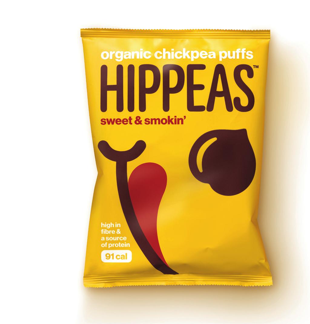 Project overview Description Hippeas is an all-new range of organic chickpea puffs: gluten free, high in protein and fibre, low in fat and less than 92 calories a bag, and full of chickpea goodness.