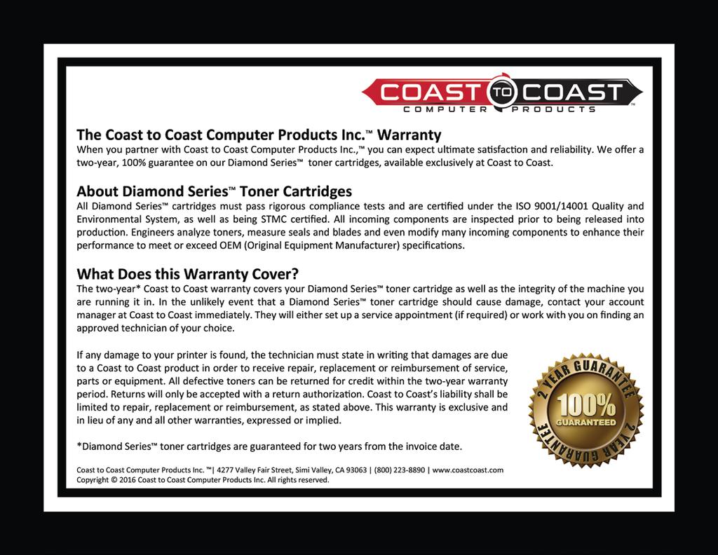 Coast to Coast Warranty Extended Warranty Diamond Series toner
