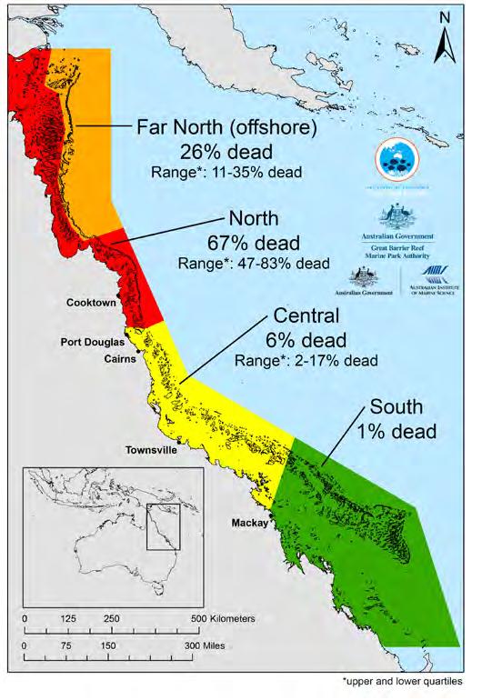Map 2. Patterns of coral mortality on the GBR due to bleaching in 2016.