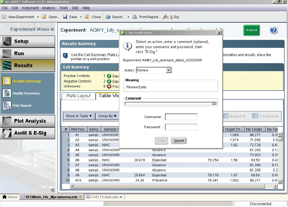 Audit selection of an audit mode (prompt or silent), management of audit reasons, and sorting and printing of audit records at the experiment and system levels.
