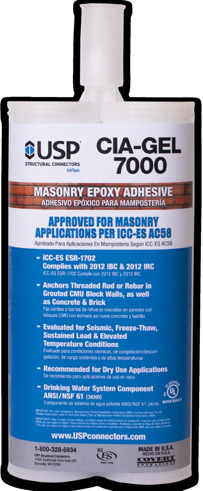 and freeze-thaw suitability conditions. It can also be used to install anchor rods into uncracked concrete and reinforced brick. It is a low odor, solvent free, non-shrink adhesive.
