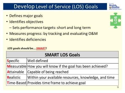 First we are doing to go over how to develop your LOS Goals Keep in mind you want your Utility s LOS to: 1. Define major goals for your system. 2. Identify your Utility s objectives. 3.