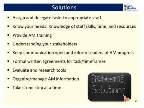 1. Assign tasks to appropriate staff 2. Knowledge of staff skills, and resources 3. Provide AM Training 4. Delegate tasks AM lead shouldn t be the only person gathering and processing the data.