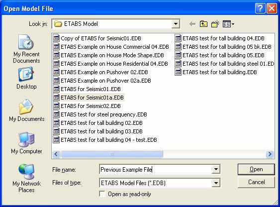 Start up screen of ETABS, click on Open button file from previous