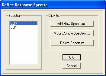 EQYB Case B: File from Second Example (Modal Response Spectra Analysis) Go to Define >> Response Spectrum Case, select EQX and