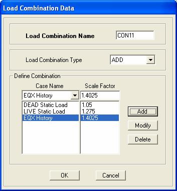 Step 8-4: Specify Load Case and Load Factor for CON11 Load Combination Select Case Name, enter Scale Factor and click on Add to specify load case and load factor one by one for CON11 load combination