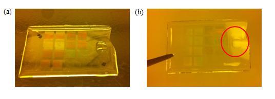 Figure 17. Test of interaction between M-PDMS and H-PDMS. (a) H-PDMS soft mold with one drop of M-PDMS resist on the side. (b) Same H-PDMS after waiting for 10 minutes and cleaned.