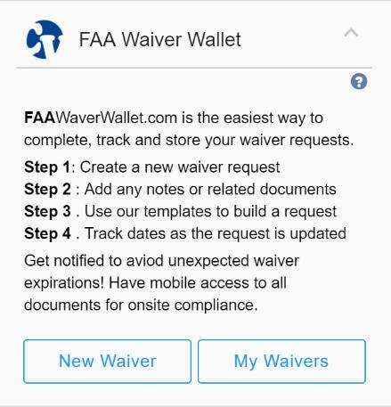 Dashboard interface. The FAAWaiverWallet app can be located at the bottom of your Flight Plan (no need to create the flight plan first).