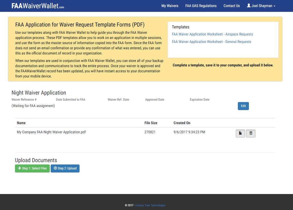 CREATING YOUR FAA WAIVER REQUEST (continued) 3. Click the Add Documents button Clicking Add Documents button then brings you to the FAAWaiverWallet.