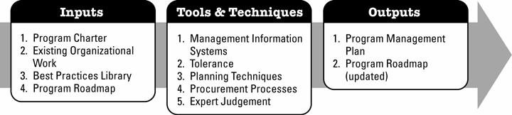Program schedule, Program governance plan, Governance metrics and critical success factors, Benefits realization plan, Program interface management plan, Program stakeholder management plan, Benefits