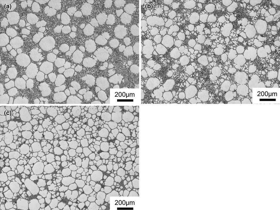Fig. 11 Optical micrographs showing size, size distribution, and morphologies of primary phase particles for (a) the AZ91D slurry water quenched at 853 K (580 C) and (b) an AZ91D rod extruded at 853