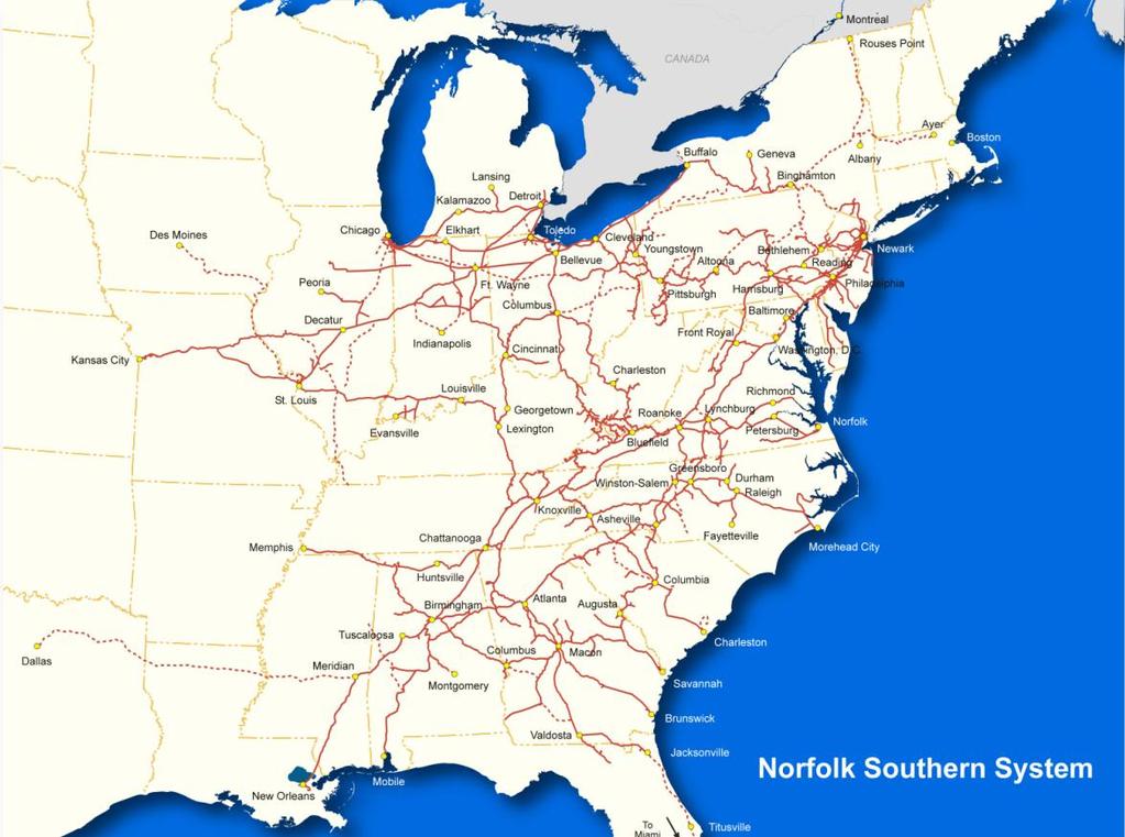 The Current Norfolk Southern Network o NS operates approximately 21,000 route miles throughout 22 states and the District of Columbia o Engaged in the rail transportation of raw