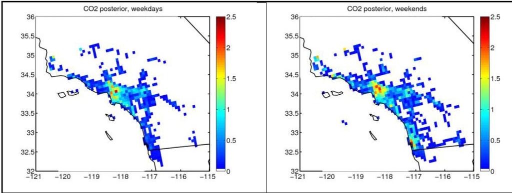 Optimization of anthropogenic CO2 fluxes at mesoscale - No prior estimates used. We used the flux ratio inversion method (Brioude et al.