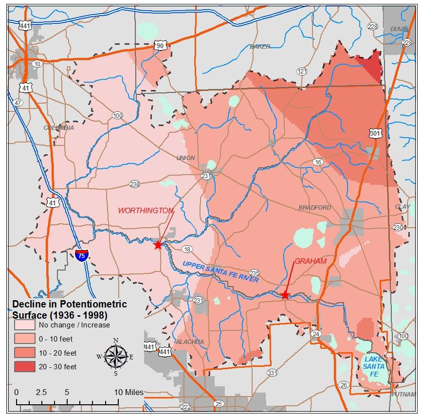Chapter 3 Water Resource Modeling and Impact Assessment Figure 3-9. Upper Santa Fe River Basin Potentiometric Surface Decline from Pre-Development through 1998. Section 2.