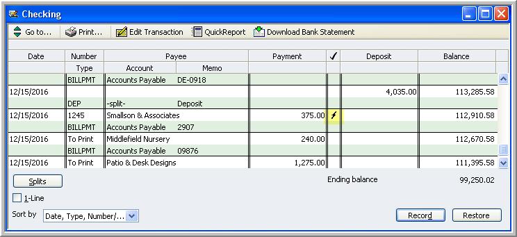 Once you have entered and matched your transactions in QuickBooks, they have a lightening bolt next to them on the register,