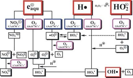 hydrogen peroxide. Therefore, a residual ozone concentration present after the irradiation process eliminates residual hydrogen peroxide to a large extent and nitrite as well.