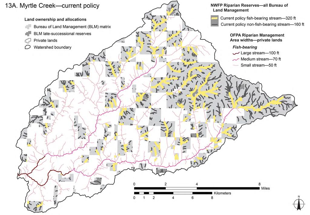 45 Figure 13 Northwest Forest Plan interim riparian reserves (current policy) mapped for the six study watersheds.