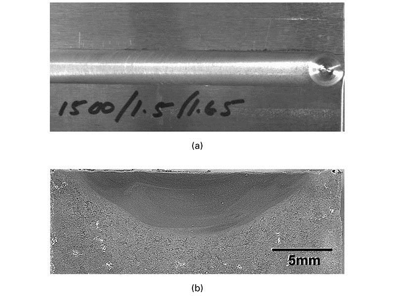 Example of Stir Welding FIGURE 32-19 (a) Top surface of a friction-stir weld joining 1.5- mm- and 1.65-mm-thick aluminum sheets with 1500-rpm pin rotation.