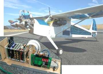 Fig. 1. Sig Rascal airframe and payload tray with vibration isolated PC104 computer provided by the Piccolo autopilot, the UAV is represented as a constant velocity, constant altitude kinematic model.